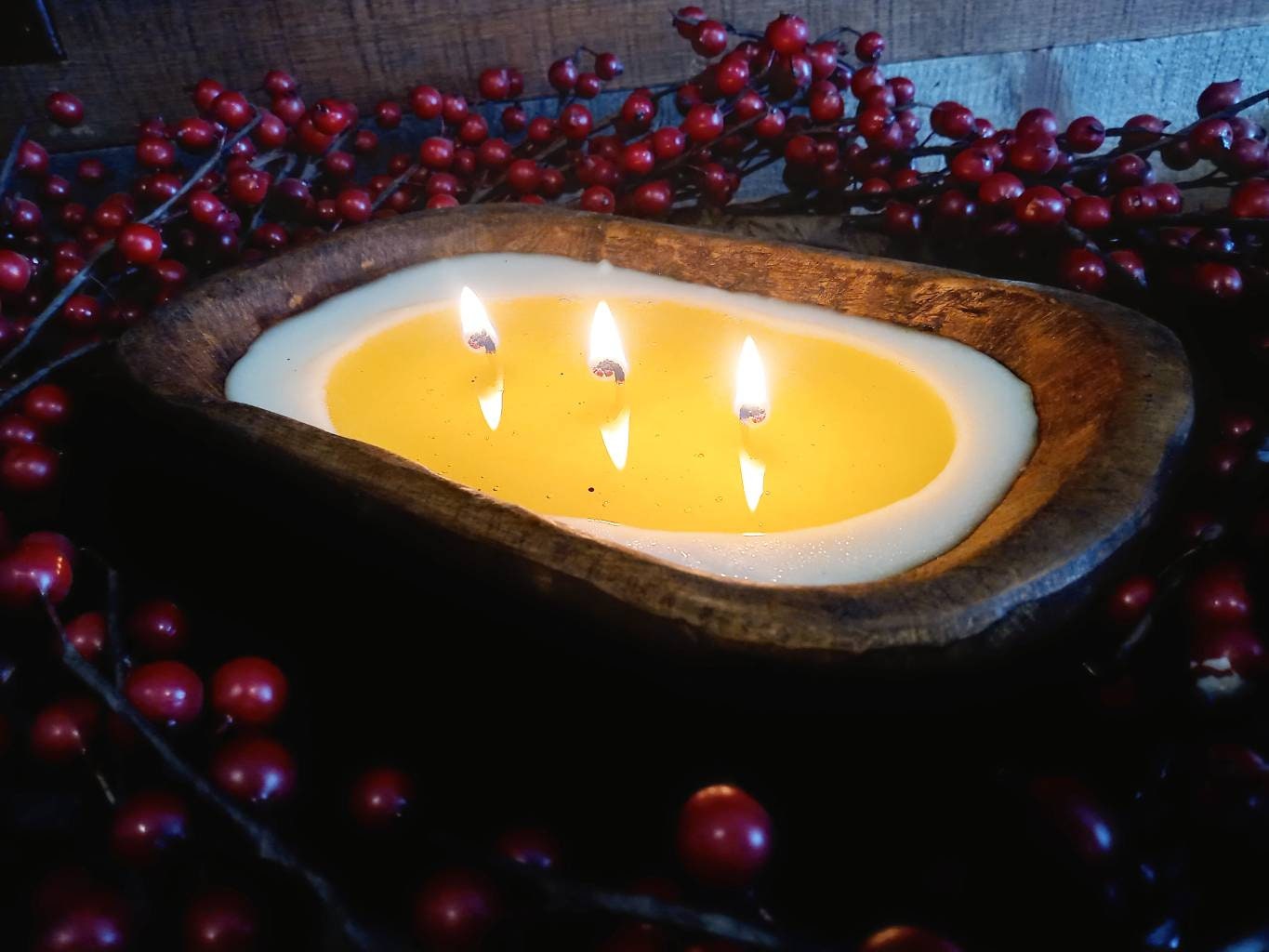 3 Wick Wood Dough Bowl Candle